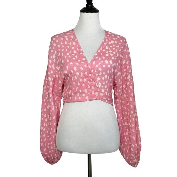 Anthropologie Womens Polka Dot Tie Front Crop Kimono Top One Size Pink White NWT - Picture 3 of 13